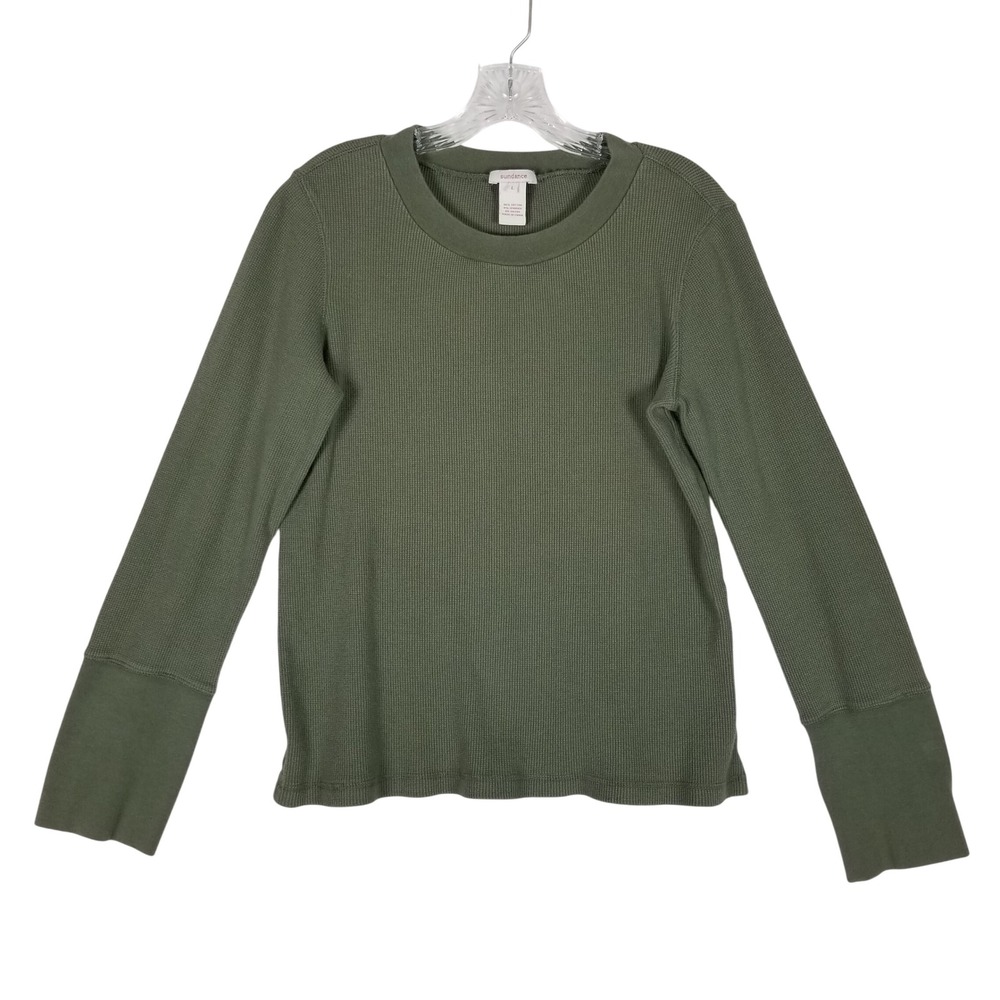 Sundance Waffle Knit Top Women Large Olive Green Button Cuff Long Sleeve Tee